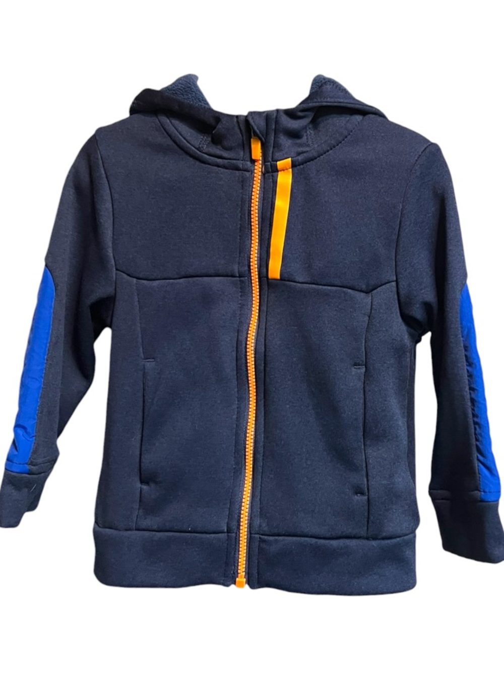 Athletic Works Navy Hoodie with Blue Sleeve Panels and Orange Zipper Accent